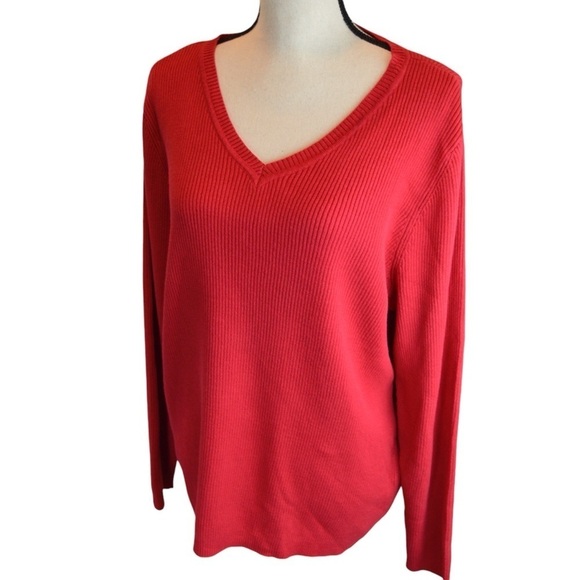 Karen Scott Red Amore Solid V Neck Cotton Ribbed Knit Pullover Sweater XL, NWT - Picture 1 of 8